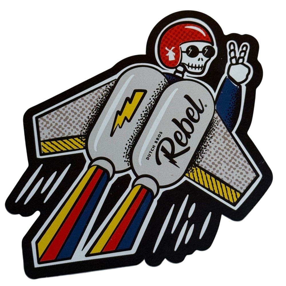 Dutch Bros Rebel Skeleton Jetpack Peace Sign Sticker Decal Multi-Color 9/26